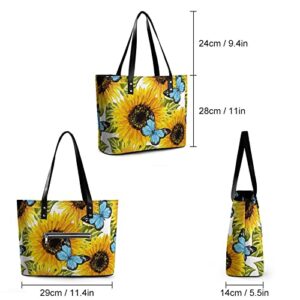 Womens Handbag Sunflowers Blue Butterflies Leather Tote Bag Top Handle Satchel Bags For Lady