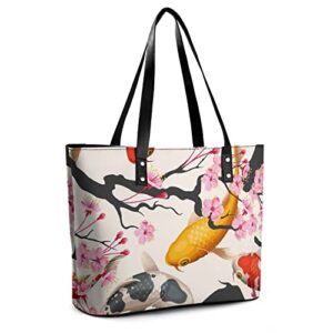 Womens Handbag Fish And Blossom Cherry Pattern Leather Tote Bag Top Handle Satchel Bags For Lady