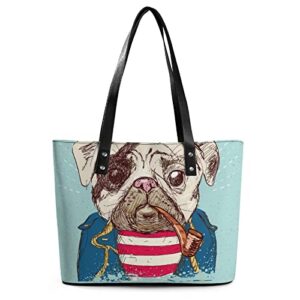 Womens Handbag Pug Dog Leather Tote Bag Top Handle Satchel Bags For Lady