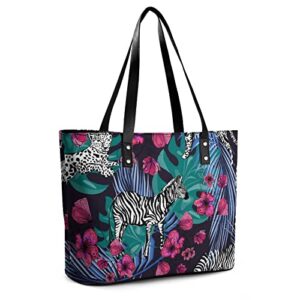 Womens Handbag Leopards Leaves Palm Flowers Pattern Leather Tote Bag Top Handle Satchel Bags For Lady