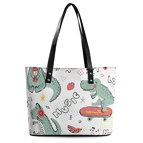 Womens Handbag Dinosaur Skateboard Dino Pattern Leather Tote Bag Top Handle Satchel Bags For Lady