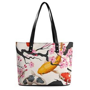 Womens Handbag Fish And Blossom Cherry Pattern Leather Tote Bag Top Handle Satchel Bags For Lady