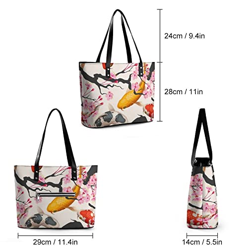 Womens Handbag Fish And Blossom Cherry Pattern Leather Tote Bag Top Handle Satchel Bags For Lady