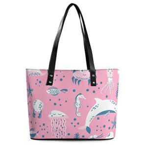 womens handbag sea animals dolphin seahorse jellyfish leather tote bag top handle satchel bags for lady