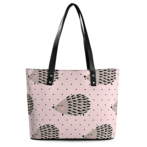 Womens Handbag Hedgehog Pattern Pink Leather Tote Bag Top Handle Satchel Bags For Lady