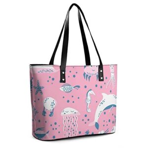 Womens Handbag Sea Animals Dolphin Seahorse Jellyfish Leather Tote Bag Top Handle Satchel Bags For Lady