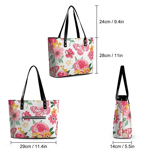 Womens Handbag Roses Peonies And Butterflies Floral Pink Leather Tote Bag Top Handle Satchel Bags For Lady