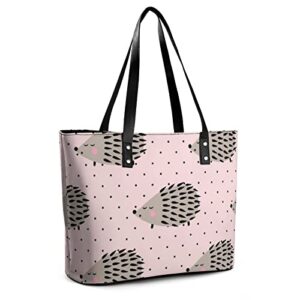 Womens Handbag Hedgehog Pattern Pink Leather Tote Bag Top Handle Satchel Bags For Lady