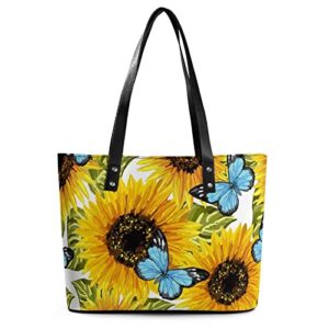 womens handbag sunflowers blue butterflies leather tote bag top handle satchel bags for lady