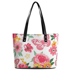 womens handbag roses peonies and butterflies floral pink leather tote bag top handle satchel bags for lady