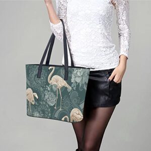 Womens Handbag Flamingos And Flowers Leather Tote Bag Top Handle Satchel Bags For Lady