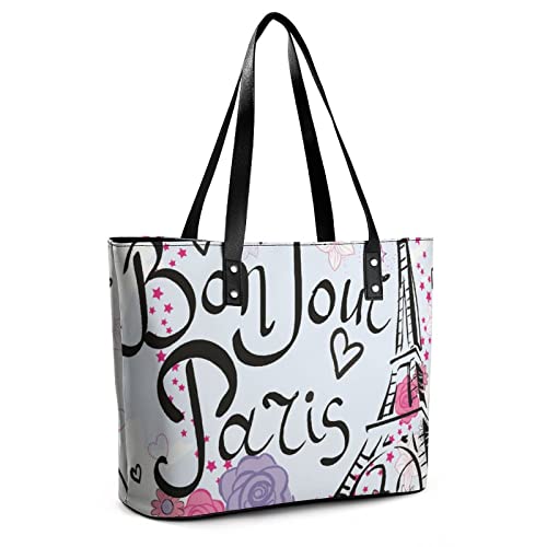 Womens Handbag Paris Eiffel Tower With Flowers Leather Tote Bag Top Handle Satchel Bags For Lady