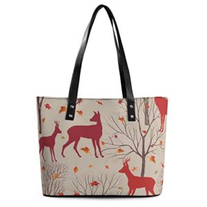 Womens Handbag Reindeer Autumn Forest Leather Tote Bag Top Handle Satchel Bags For Lady