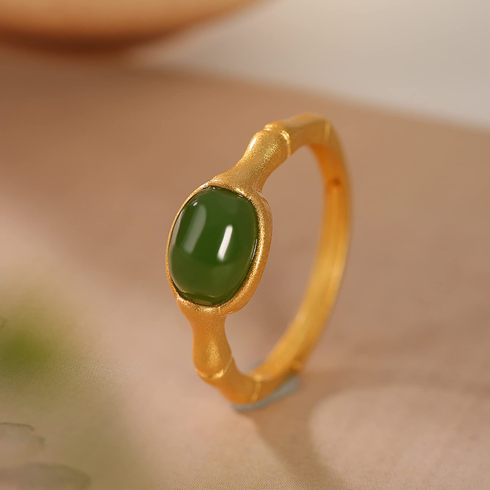 Myshiwu 925 Sterling Silver Hetian Jade Carnelian Ring, Vintage Elegance Adjustable Bamboo Joint Gem Ring(Gold+Green Jade)