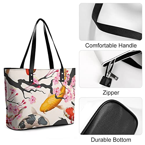 Womens Handbag Fish And Blossom Cherry Pattern Leather Tote Bag Top Handle Satchel Bags For Lady