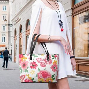 Womens Handbag Roses Peonies And Butterflies Floral Pink Leather Tote Bag Top Handle Satchel Bags For Lady