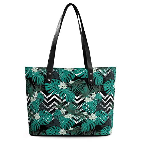 Womens Handbag Palm Leaves Pattern Leather Tote Bag Top Handle Satchel Bags For Lady