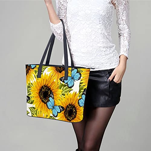 Womens Handbag Sunflowers Blue Butterflies Leather Tote Bag Top Handle Satchel Bags For Lady