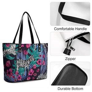 Womens Handbag Leopards Leaves Palm Flowers Pattern Leather Tote Bag Top Handle Satchel Bags For Lady