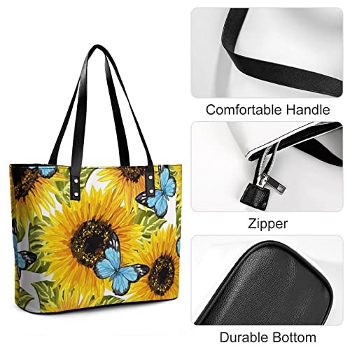 Womens Handbag Sunflowers Blue Butterflies Leather Tote Bag Top Handle Satchel Bags For Lady