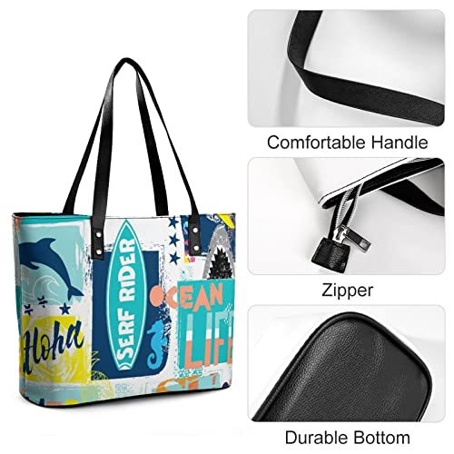 Womens Handbag Surfer Shark Dolphin Leather Tote Bag Top Handle Satchel Bags For Lady