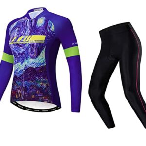 Women's Cycling Jersey Set Long Sleeve Bike Clothing Reflective+5D Padded Long Pants Autumn Winter Purple