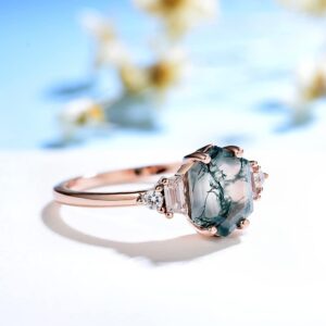 ITI KUOLOLIT Hexagon Natural Moss Agate Gemstone Rings for Women Solid 925 Sterling Silver Ring for Wedding Engagement Jewelry (Moss Agate-Rose, 9)