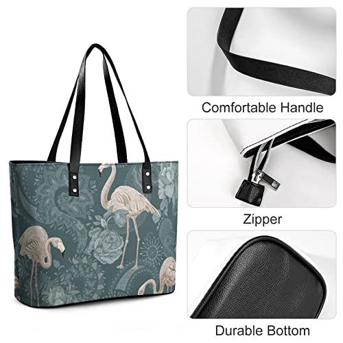 Womens Handbag Flamingos And Flowers Leather Tote Bag Top Handle Satchel Bags For Lady