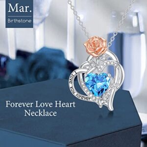 TOUPOP Christmas Gifts for Women Heart Necklaces for Women Sterling Silver Rose Heart Pendant Necklace with March Birthstone Aquamarine Birthday Christmas Jewelry Gifts for Women Girls Mom Friends