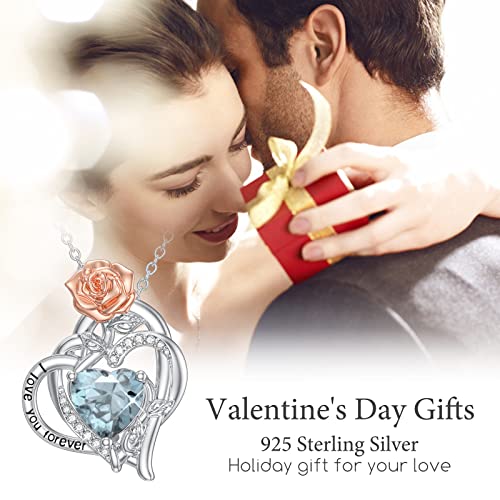 TOUPOP Christmas Gifts for Women Heart Necklaces for Women Sterling Silver Rose Heart Pendant Necklace with March Birthstone Aquamarine Birthday Christmas Jewelry Gifts for Women Girls Mom Friends