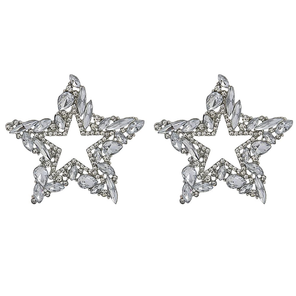 Denifery Fashion Star Stud Earrings Full Crystal Rhinestone Star Dangle Drop Earrings Bling Sparkly Earrings for Party Wedding for Women (Silver)