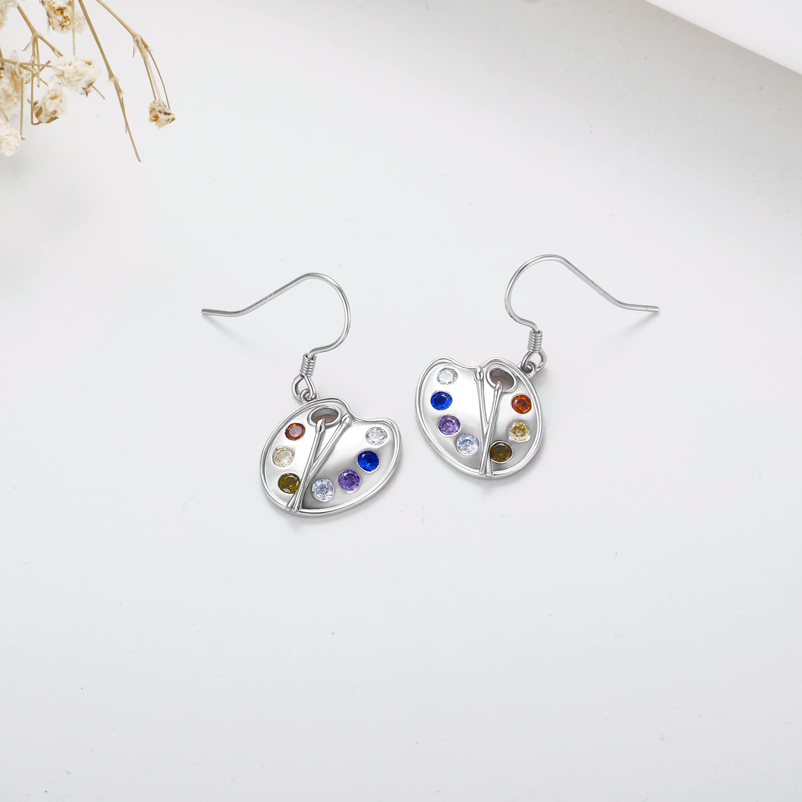 Artist Paint Palette and Brush Earrings 925 Sterling Silver Artist Palette Earrings Colorful Painter Dangle Drop Earrings Artist Jewelry Gifts for Artist Mother Women