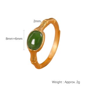 Myshiwu 925 Sterling Silver Hetian Jade Carnelian Ring, Vintage Elegance Adjustable Bamboo Joint Gem Ring(Gold+Green Jade)