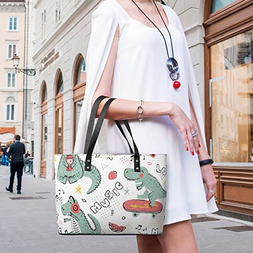 Womens Handbag Dinosaur Skateboard Dino Pattern Leather Tote Bag Top Handle Satchel Bags For Lady