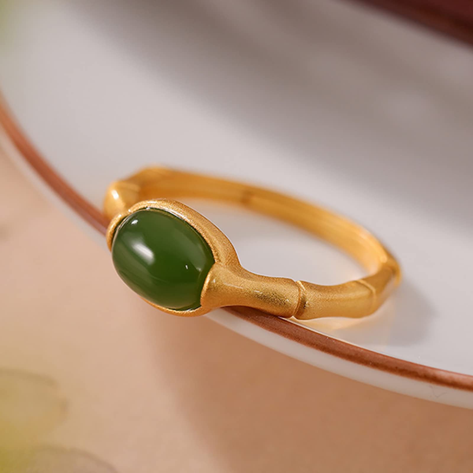 Myshiwu 925 Sterling Silver Hetian Jade Carnelian Ring, Vintage Elegance Adjustable Bamboo Joint Gem Ring(Gold+Green Jade)