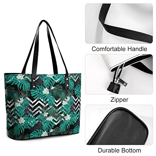 Womens Handbag Palm Leaves Pattern Leather Tote Bag Top Handle Satchel Bags For Lady