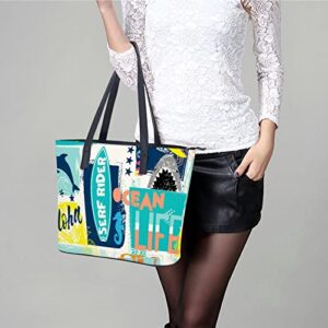 Womens Handbag Surfer Shark Dolphin Leather Tote Bag Top Handle Satchel Bags For Lady