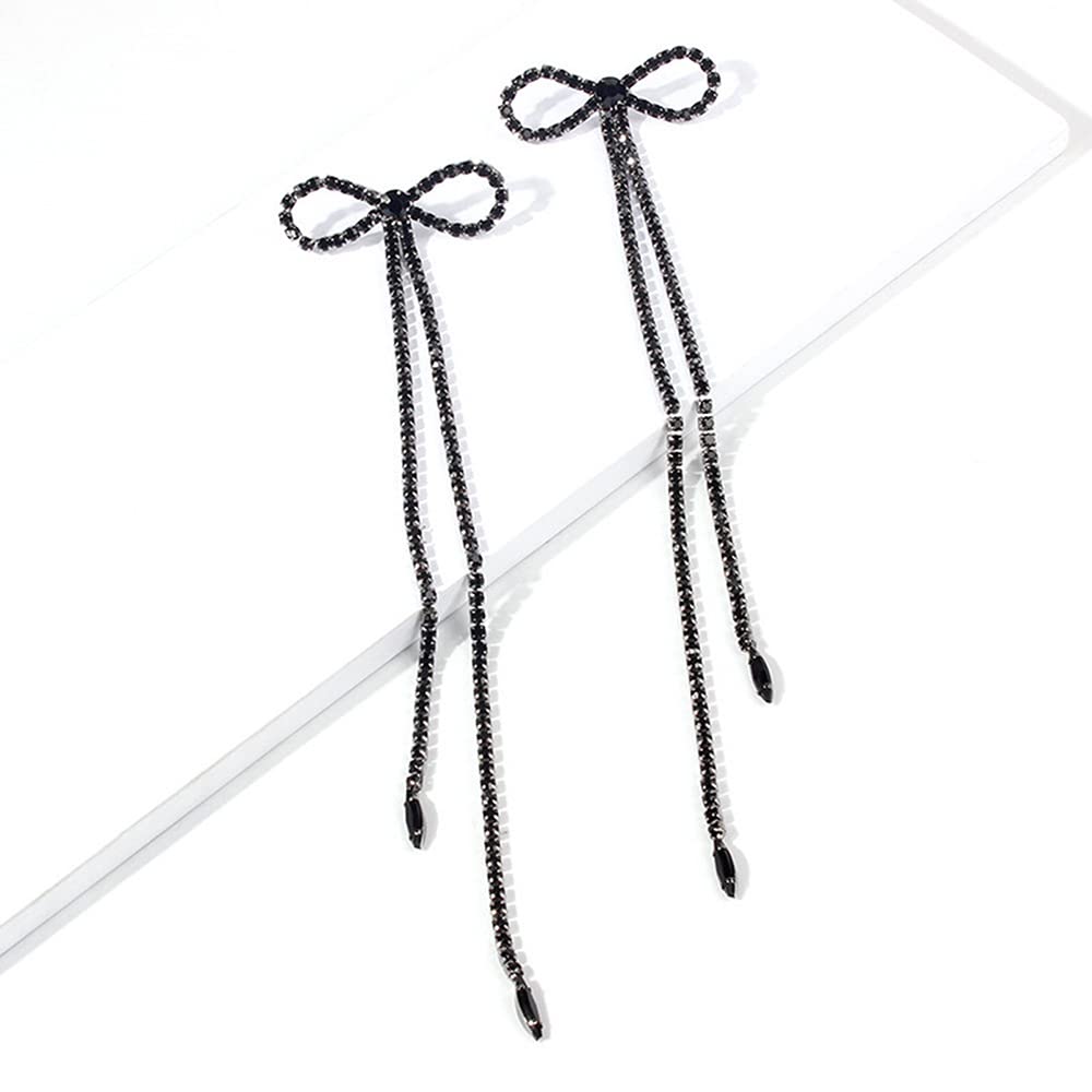 Jumwrit Rhinestone Bow Earrings Extra Long Dangle Earrings Sparkly Tassel Drop Earrings Big Bowknot Stud Earrings for Women Teen Girls (Black)