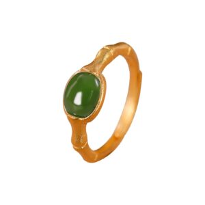 myshiwu 925 sterling silver hetian jade carnelian ring, vintage elegance adjustable bamboo joint gem ring(gold+green jade)