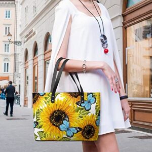 Womens Handbag Sunflowers Blue Butterflies Leather Tote Bag Top Handle Satchel Bags For Lady