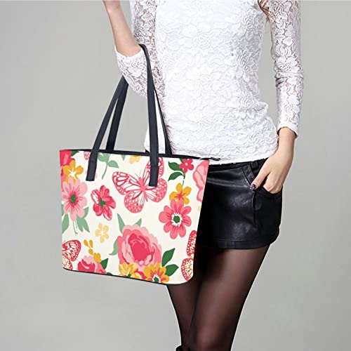 Womens Handbag Roses Peonies And Butterflies Floral Pink Leather Tote Bag Top Handle Satchel Bags For Lady