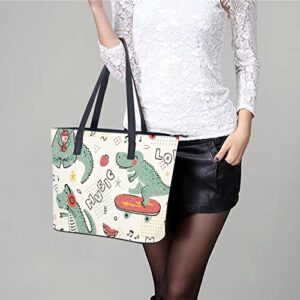 Womens Handbag Dinosaur Skateboard Dino Pattern Leather Tote Bag Top Handle Satchel Bags For Lady