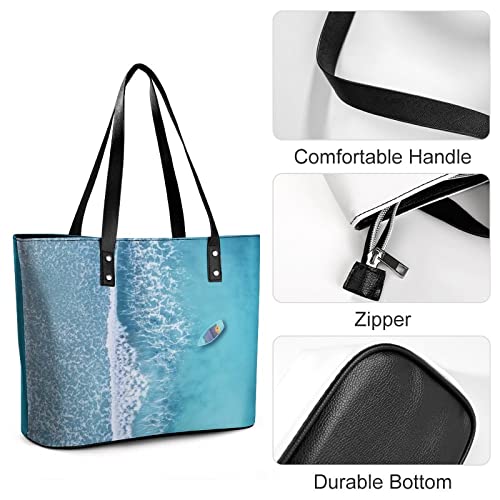 Womens Handbag Wave And Boat Sea Landscape Leather Tote Bag Top Handle Satchel Bags For Lady