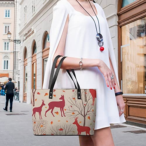 Womens Handbag Reindeer Autumn Forest Leather Tote Bag Top Handle Satchel Bags For Lady