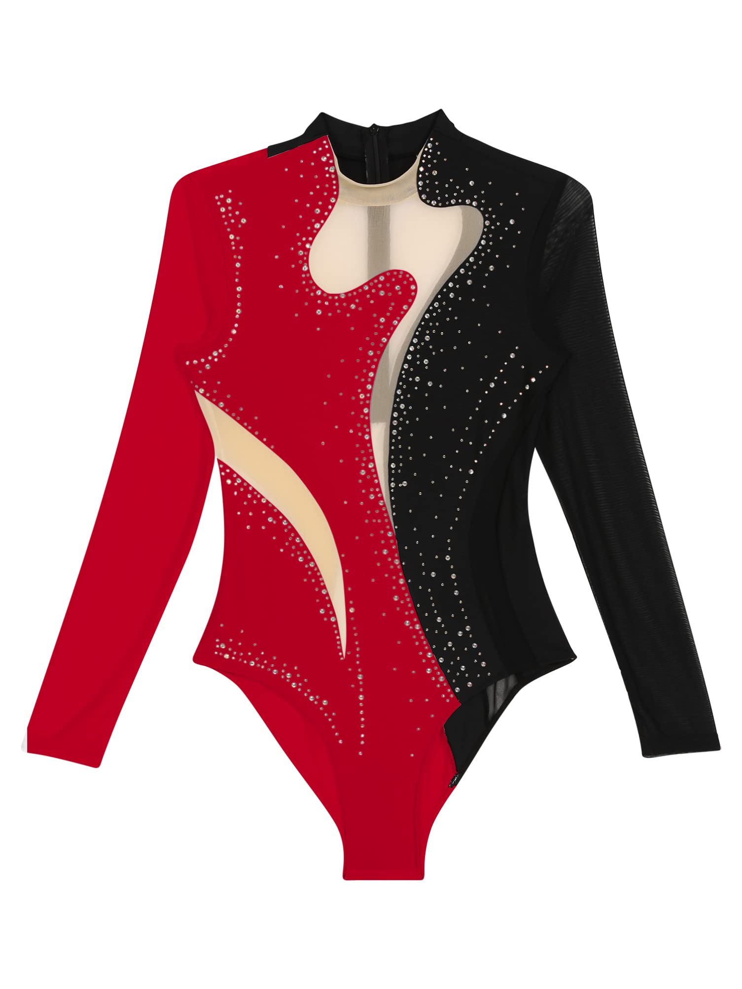 Aislor Women's Rhinestone Figure Skating Costume Sheer Mesh Long Sleeve Ballet Dance Gymnastics Leotard Black&Red Medium