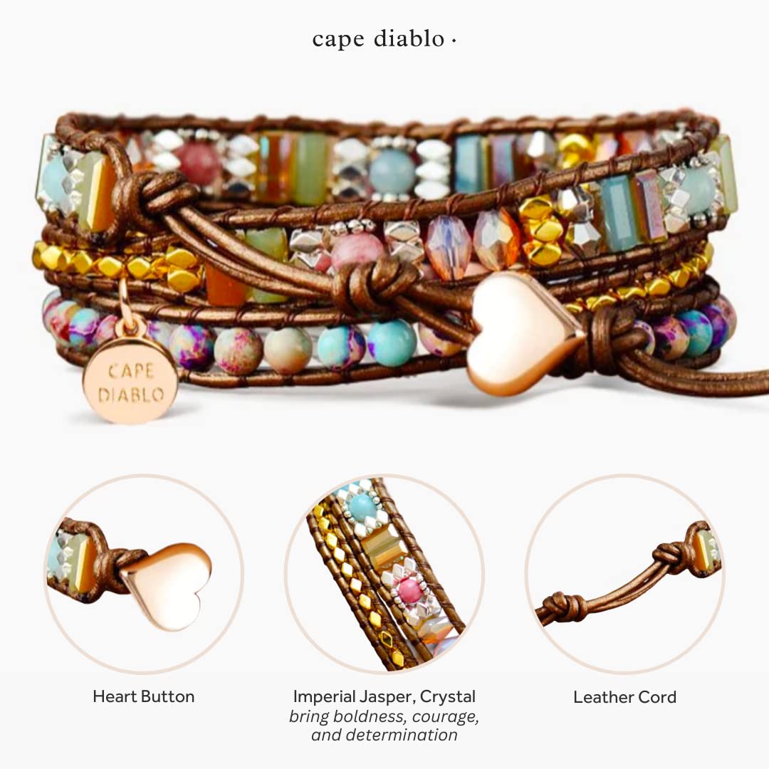 Cape Diablo Imperial Heart Protection Wrap Bracelet - Authentic Energy Crystal & Genuine Jewelry - Beaded Chakra Wrist Band for Courage, Determination, Peace & Healing - Adjustable Closure