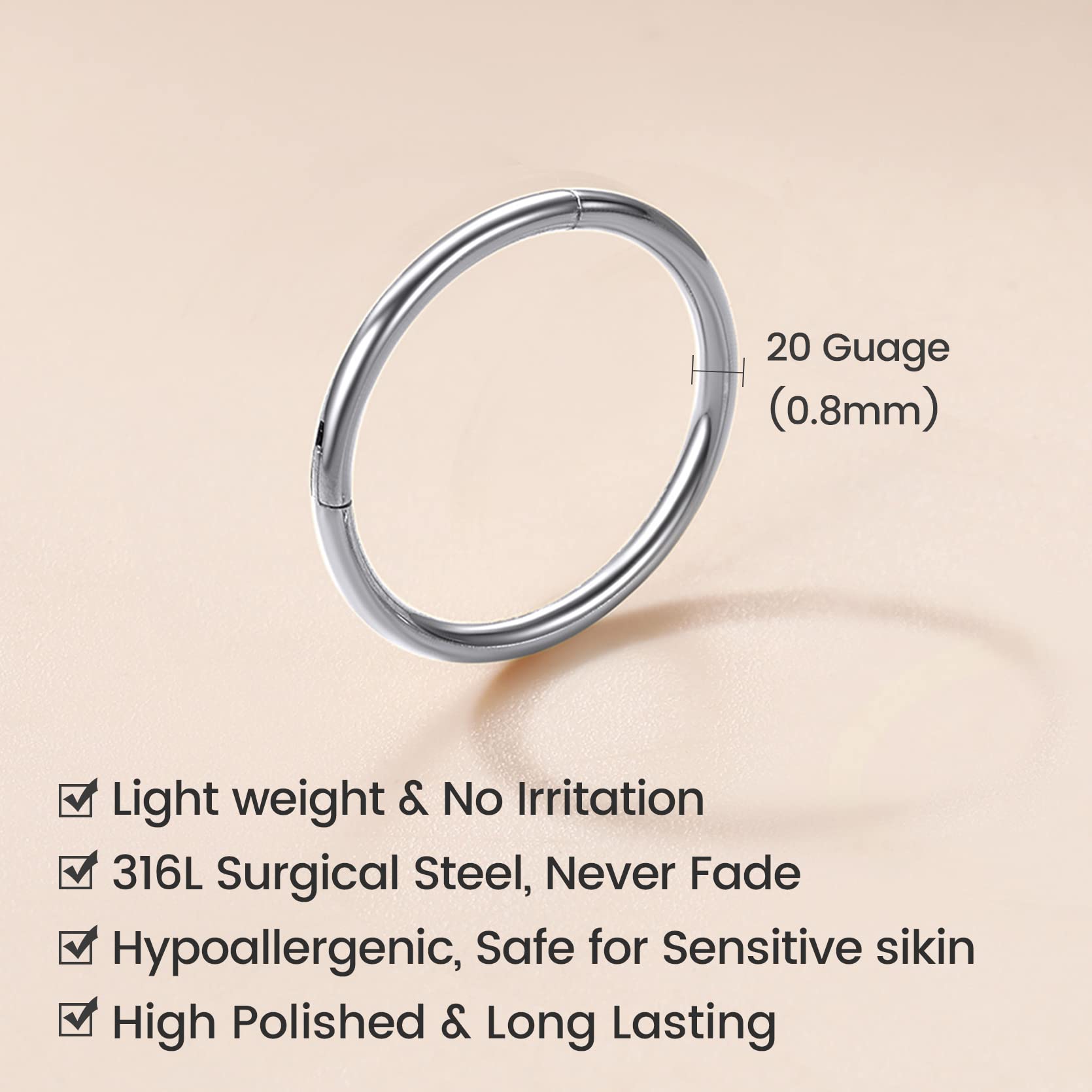 KeyStyle Surgical Steel Sleeper Tiny Hoop Earrings, Womens Nose Ring Septum Ring Helix Ring Daith Ring Lip Ring, 9mm