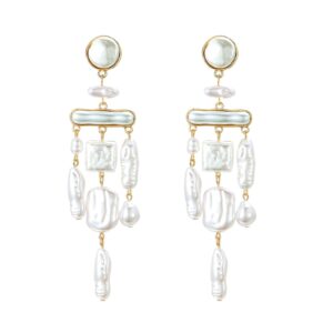 Donabus Statement Pearl Dangle Earring Luxury Chandelier Earring Gold and Pearl Earring Organic Style Earring Hoop Earring (D)