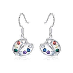 Artist Paint Palette and Brush Earrings 925 Sterling Silver Artist Palette Earrings Colorful Painter Dangle Drop Earrings Artist Jewelry Gifts for Artist Mother Women