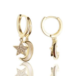 sonateomber gold star moon drop dangle double small hoop cartilage midnight earrings for women - cute sparkly cubic zirconia rhinestone star hypoallergenic huggie prom wedding jewelry gift